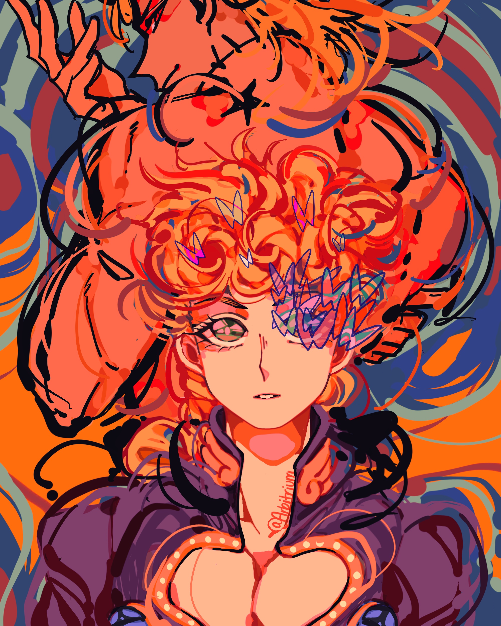 2boys absurdres arbitrium artist_name birthmark blonde_hair dio_brando father_and_son giorno_giovanna highres joestar_birthmark jojo_no_kimyou_na_bouken male_focus multiple_boys muscular red_eyes stitched_neck stitches vento_aureo