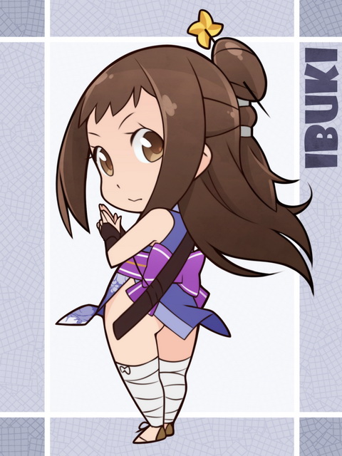 1girl :&gt; alternate_costume alternate_hairstyle ankle_wrap ass capcom chibi female_focus hair_bun hair_ornament hairpin ibuki_(street_fighter) kuji-in looking_at_viewer looking_back ninja sandals scabbard sheath single_hair_bun solo street_fighter street_fighter_v sword thighhighs weapon x-t3al