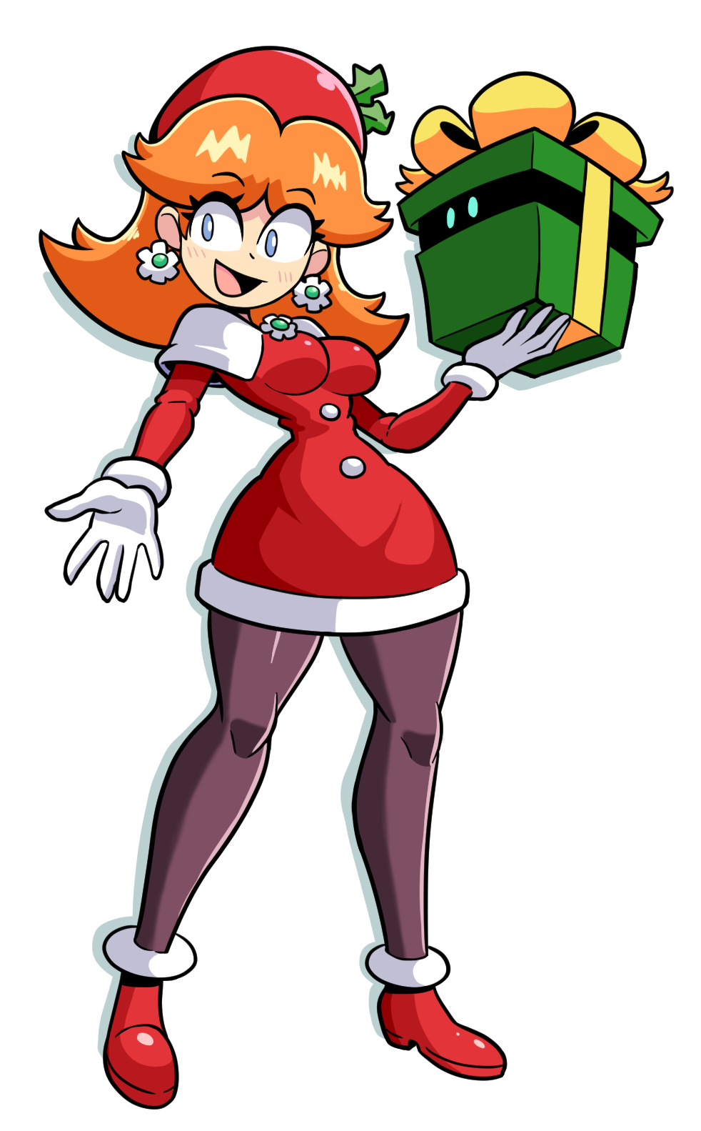 1girl alternate_costume blue_eyes box breasts brown_hair christmas_dress earrings flower_earrings full_body gift gift_box gloves hat highres jewelry kevin_arthur mario_(series) mario_kart mario_kart_tour nintendo pantyhose princess_daisy princess_daisy_(holiday_cheer) skirt standing