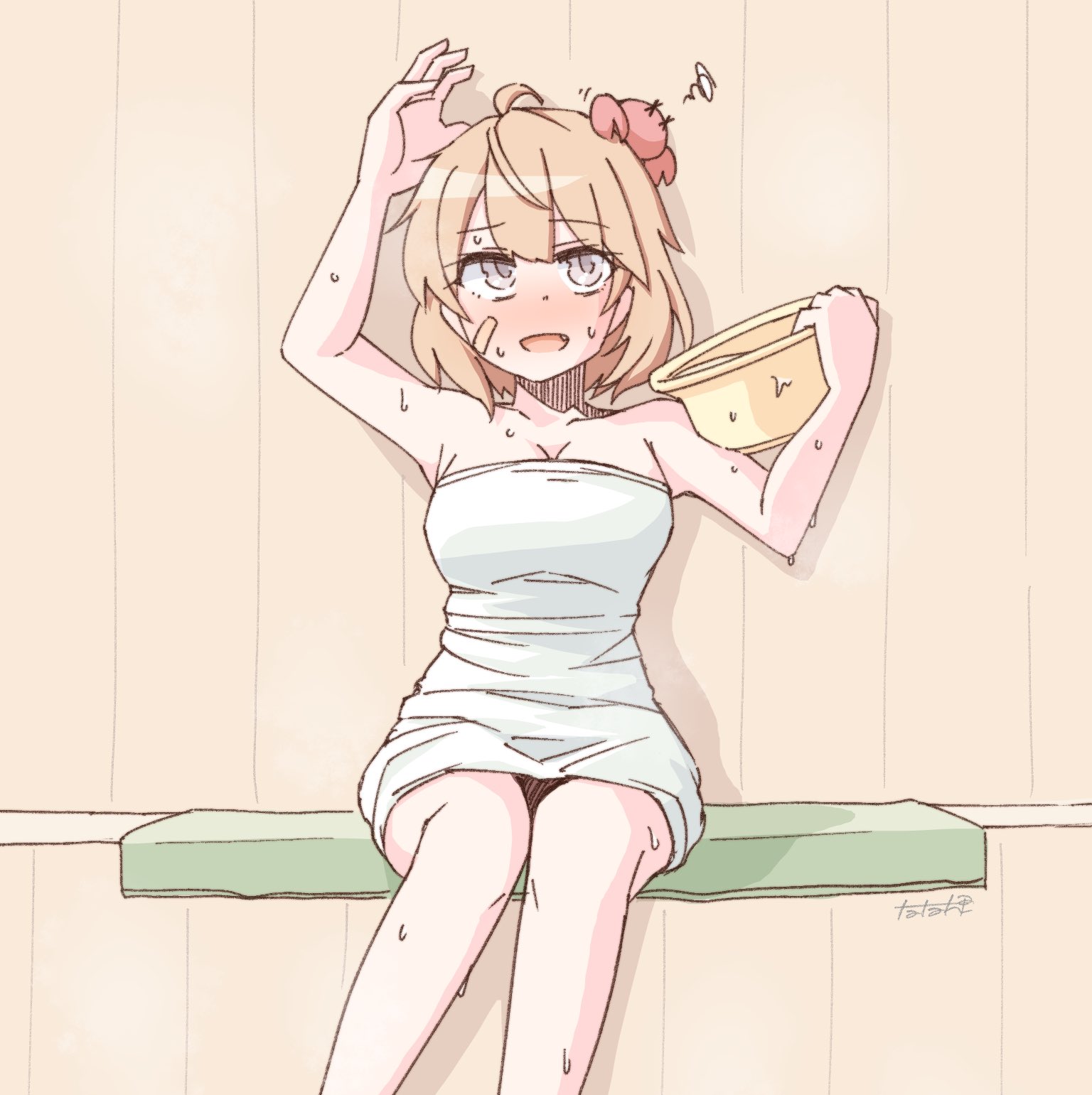 1girl ahoge animal animal_on_head bandaid bandaid_on_face basin breasts brown_hair cleavage commentary crab crab_on_head feet_out_of_frame grey_eyes highres kantai_collection medium_breasts naked_towel oboro_(kancolle) on_head short_hair smile solo sweat symbol-only_commentary tatahai towel