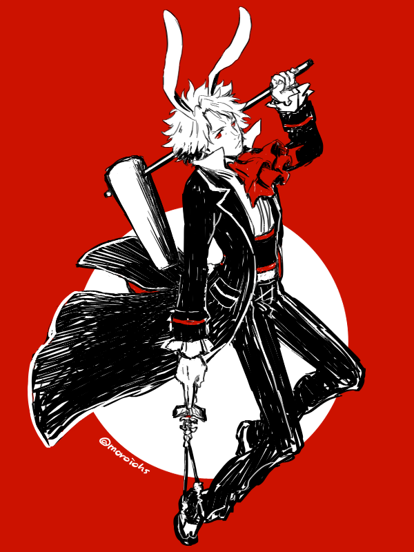 1boy animal_ears ascot black_coat classicaloid closed_mouth coat conductor_baton faux_traditional_media full_body holding holding_baton holding_mallet kine long_sleeves ludwig_van_beethoven_(classicaloid) male_focus mallet monochrome moroi_(moroiohs) pants rabbit_ears red_background red_eyes red_theme short_hair simple_background solo spot_color