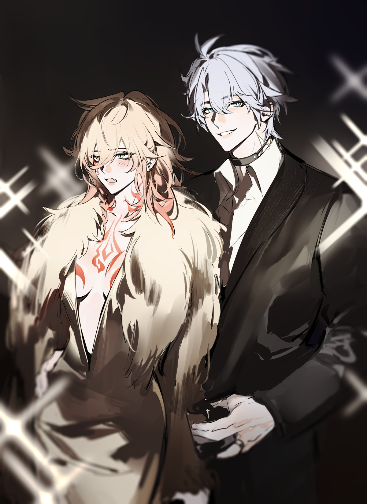 1boy 1girl antenna_hair arm_tattoo black_choker black_jacket blonde_hair blue_eyes blush braid breasts chest_tattoo chinese_commentary choker collared_shirt commentary_request cup dress fur_trim genderswap genderswap_(mtf) gradient_hair hair_between_eyes hand_on_another's_waist highres holding holding_cup honkai:_star_rail honkai_(series) jacket looking_at_viewer medium_breasts medium_hair multicolored_hair mydei_(honkai:_star_rail) open_mouth phainon_(honkai:_star_rail) qinnye red_hair red_tattoo shirt short_hair side_braid suit_jacket sun_symbol sun_tattoo tan tattoo white_dress white_hair white_shirt yellow_eyes