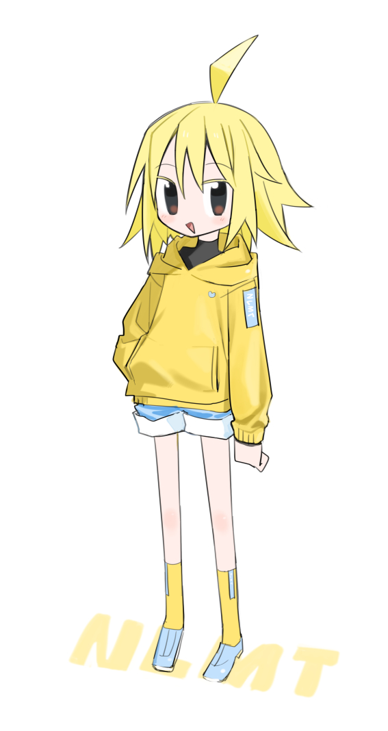 1girl ahoge arm_at_side black_shirt blonde_hair blue_shoes blue_shorts blush brown_eyes copyright_name denim denim_shorts full_body hand_in_pocket hood hood_down hoodie kneehighs kokaki_mumose long_sleeves looking_at_viewer null-meta open_mouth shirt shoes short_hair short_shorts shorts simple_background smile socks solo standing turtleneck turtleneck_shirt uozumi_kurumi white_background yellow_hoodie yellow_socks