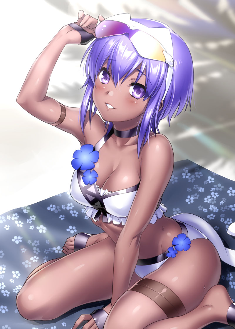 1girl bare_shoulders bikini blush breasts choker cleavage collarbone dark-skinned_female dark_skin fate/grand_order fate/prototype fate/prototype:_fragments_of_blue_and_silver fate_(series) flower goggles goggles_on_head hassan_of_serenity_(fate) looking_at_viewer medium_breasts purple_eyes purple_hair short_hair smile swimsuit thigh_strap thighs white_bikini zen