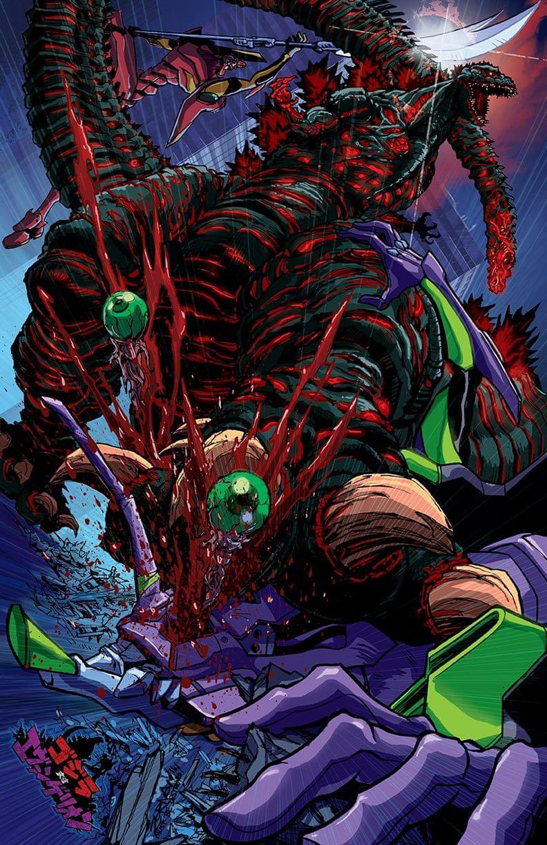 blood building city crossover cyborg eva_01 eva_02 gainax glowing glowing_body godzilla godzilla_(series) green_eyes highres holding holding_weapon japanese_text jeff_zornow kaiju khara_(animation_studio) long_tail mecha multiple_heads naginata neon_genesis_evangelion no_humans polearm rain rebuild_of_evangelion robot rotated shin_godzilla silhouette skyscraper spear tail tail_head toho very_long_tail weapon