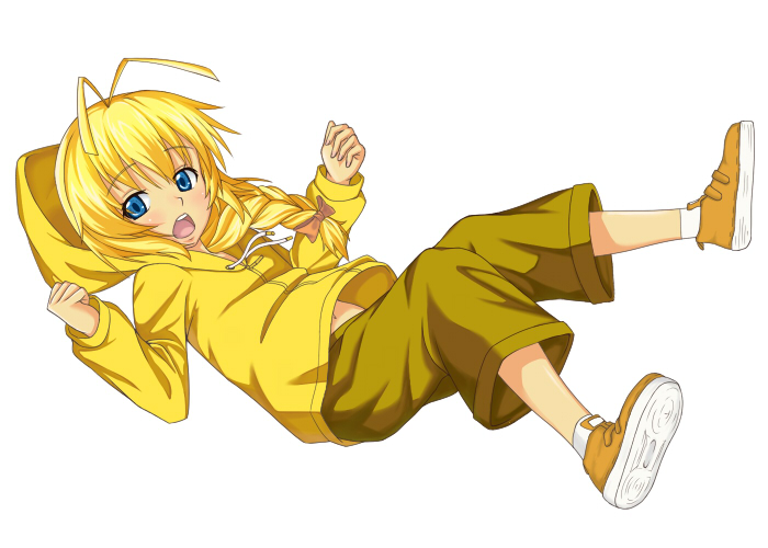1boy ahoge antenna_hair blonde_hair blue_eyes blush bow braid full_body haiyore!_nyaruko-san hastur_(nyaruko-san) heikichi hood hoodie long_hair male_focus navel open_mouth simple_background single_braid solo white_background