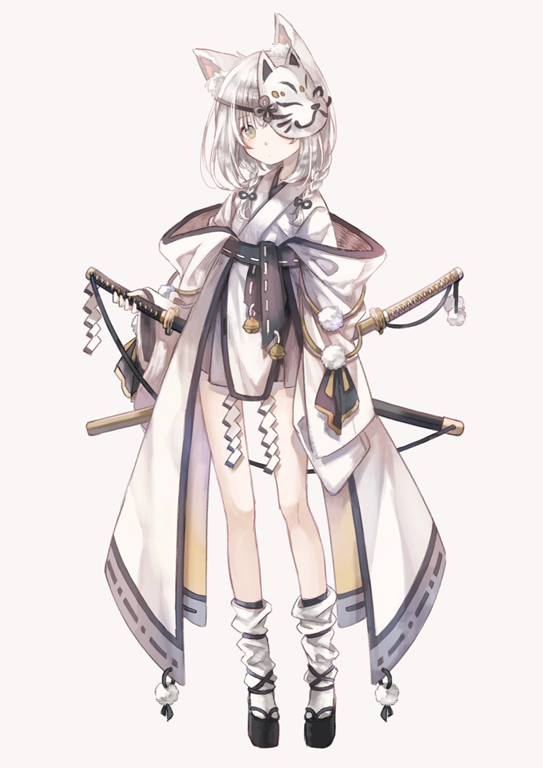 1girl animal_ears bell braid cape female_focus fox_ears fox_mask full_body geta hair_ornament holding holding_behind_back holding_sword holding_sword_behind_back holding_weapon holding_weapon_behind_back japanese_clothes jingle_bell katana kimono long_hair long_sleeves mask mask_on_head mask_over_one_eye one_eye_covered original oro_ponzu pom_pom_(clothes) ribbon-trimmed_clothes ribbon_trim sheath sheathed shide short_kimono simple_background solo standing sword tabi twin_braids weapon white_background white_hair wide_sleeves yellow_eyes