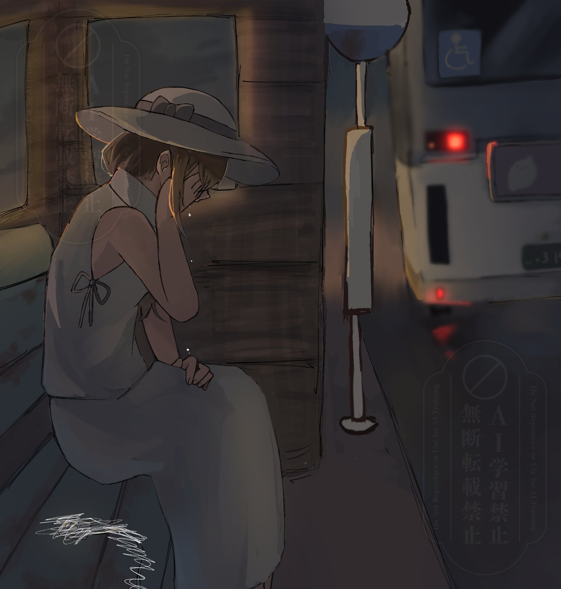 1girl bench brown_hair bus_stop bus_stop_sign crying dress feet_out_of_frame from_side hair_over_shoulder hand_on_lap hand_on_own_face hat highres iyowa_girls long_hair night nigufugu_wow719 on_bench outdoors shelter sitting sleeveless sleeveless_dress solo sun_hat tears uwagaki_(vocaloid) watermark white_dress white_hat