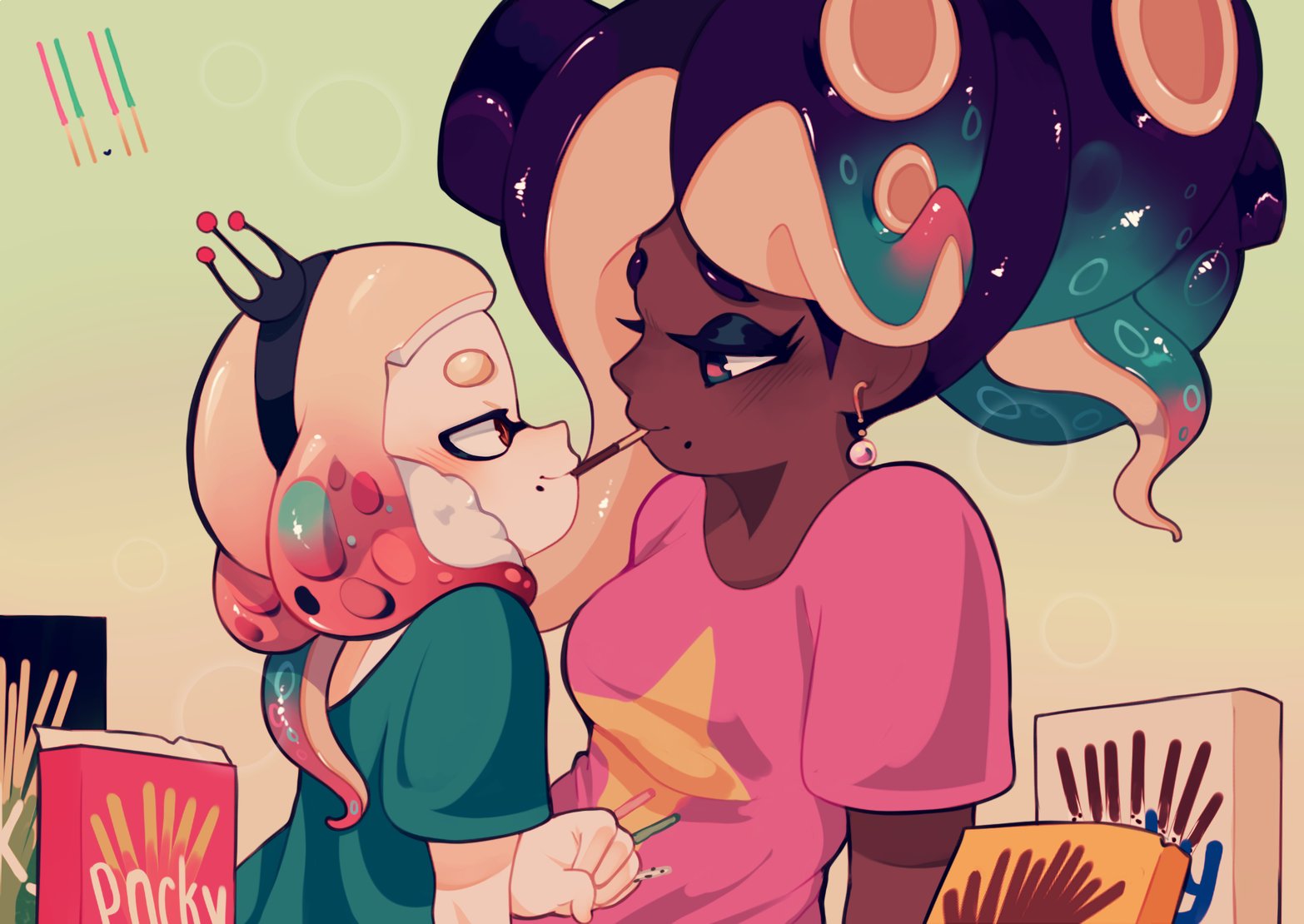 2girls brown_eyes clem_(calmeremerald) commentary dark-skinned_female dark_skin earrings english_commentary eye_contact food food_in_mouth green_eyes hairband inkling interracial jewelry looking_at_another marina_(splatoon) mole mole_under_mouth multiple_girls nintendo octoling pearl_(splatoon) pocky pocky_day pocky_in_mouth pocky_kiss shared_food shirt simple_background splatoon_(series) splatoon_2 t-shirt tentacle_hair yuri