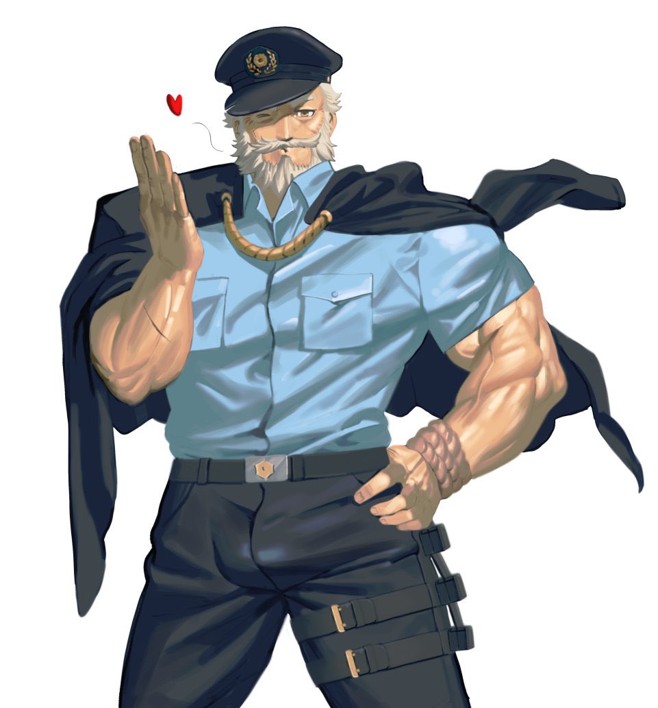 1boy alternate_costume bara beard blowing_kiss blue_shirt bulge facial_hair hand_on_own_hip hand_up hat hogen_(housamo) jacket jacket_on_shoulders male_focus muscular muscular_male mustache one_eye_closed pikako182 pocket scar shirt simple_background solo standing thigh_strap tokyo_houkago_summoners white_background white_hair