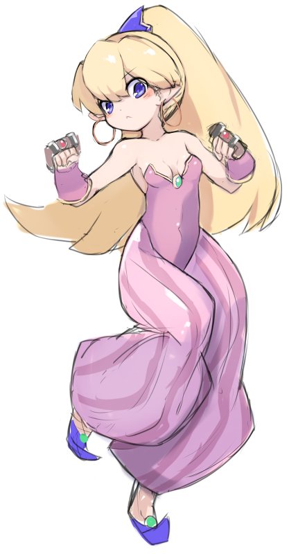 1girl bare_shoulders blonde_hair blue_eyes breasts closed_mouth earrings full_body hoop_earrings jewelry karukan_(monjya) long_hair looking_at_viewer pointy_ears ponytail primm_(seiken_densetsu_2) seiken_densetsu seiken_densetsu_2 simple_background solo weapon white_background