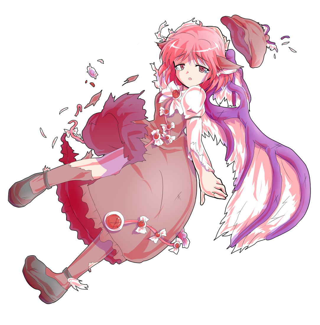 1girl alphes_(style) animal_ears bird_ears bird_wings black_shoes breasts brown_dress brown_eyes brown_hat brown_socks commentary_request dairi defeat dress full_body half-closed_eyes hat imperishable_night large_variant_set long_sleeves looking_at_viewer medium_hair mystia_lorelei parody parted_lips pink_hair shirt shoes socks solo style_parody tachi-e tearing_up torn_clothes touhou transparent_background variant_set white_shirt winged_hat wings