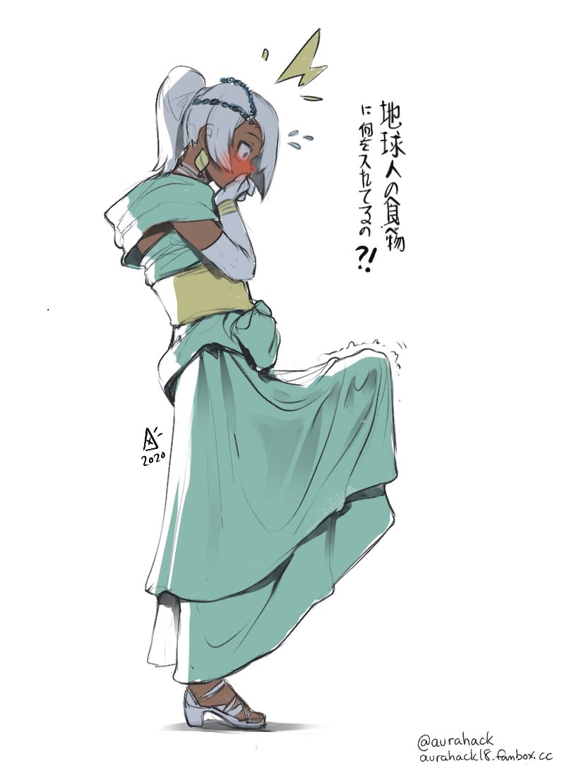 !? 1boy ^^^ aurahack blue_eyes blush bracelet bulge commentary covering_own_mouth crossdressing dark-skinned_male dark_skin dress earrings elbow_gloves embarrassed english_commentary erection erection_under_clothes from_side full-face_blush gloves green_dress gundam hand_over_own_mouth high_heels huge_penis jewelry laura_rolla long_dress loran_cehack male_focus penis ponytail pumps sash short_ponytail silver_hair simple_background solo standing translated trap turn_a_gundam watermark web_address white_background white_footwear