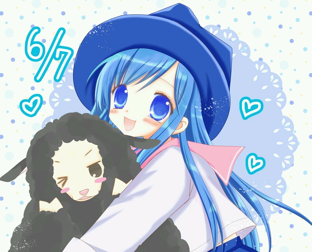 &gt;_o 1girl :d animal black_sheep blouse blue_eyes blue_hair blue_hat blush blush_stickers fedora hat heart light_blue_hair long_hair looking_at_viewer lorna mabinogi one_eye_closed open_mouth pan_(mabinogi) pink_sailor_collar sailor_collar shararan sheep shirt smile solo swept_bangs white_shirt