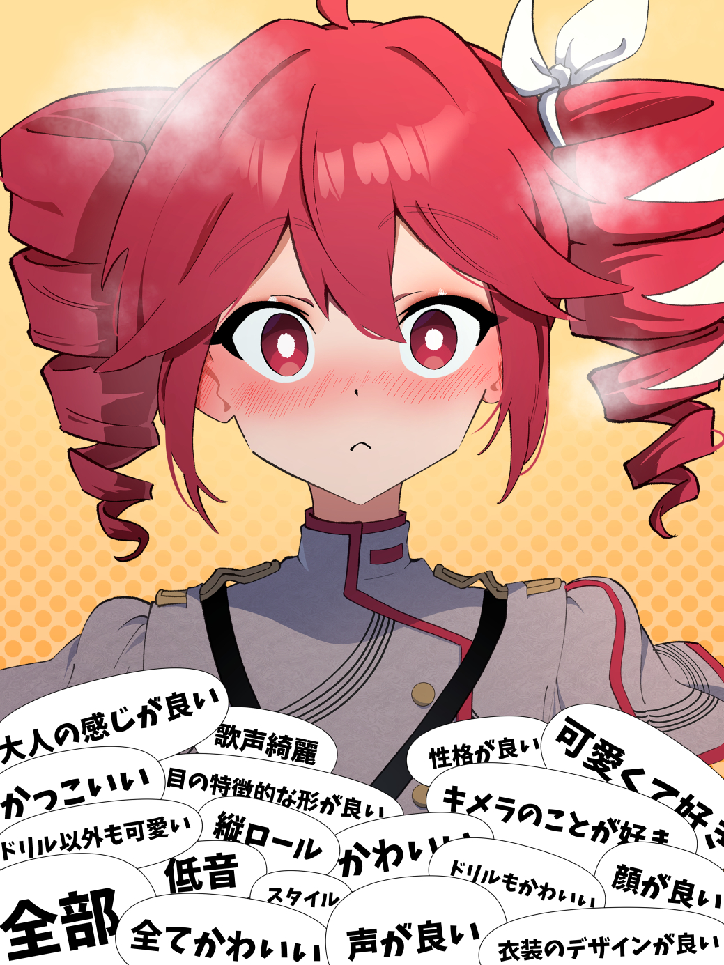 ahoge blush bow closed_mouth cropped_torso double-parted_bangs drill_hair embarrassed fin_gocco hair_between_eyes hair_bow hair_ribbon highres kasane_teto kasane_teto_(sv) looking_at_viewer print_background red_eyes red_hair ribbon speech_bubble synthesizer_v translation_request twin_drills utau white_bow white_ribbon yellow_background