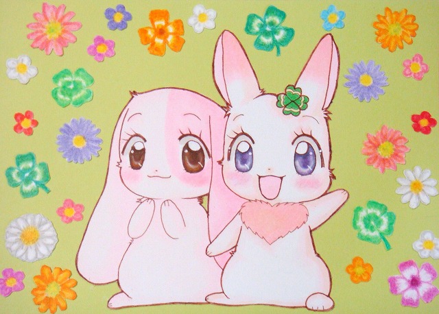 :3 animal animal_focus blush brown_eyes chima_(happy_happy_clover) clover clover_hair_ornament commentary_request dewlap flower fluffy four-leaf_clover four-leaf_clover_hair_ornament green_background hair_ornament happy_happy_clover lop_rabbit marker_(medium) meru_(happy_happy_clover) no_humans pink_fur purple_eyes rabbit smile traditional_media waving white_fur white_rabbit_(animal) yokki_(miru877)