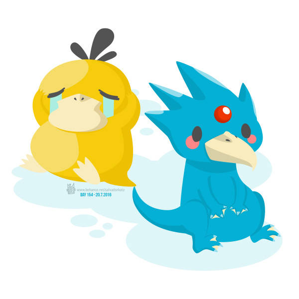 beak black_eyes blush blush_stickers closed_eyes evolutionary_line forehead_jewel full_body gen_1_pokemon golduck nintendo no_humans pokemon pokemon_(creature) psyduck salvadorkatz simple_background sitting tears white_background