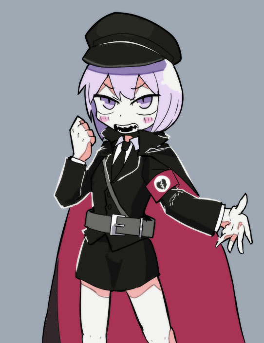 1girl armband belt black_cape black_coat black_hat black_necktie black_skirt blush broken_heart_print cape clenched_hand coat collared_shirt commentary cookie_(touhou) cowboy_shot geru_futota grey_background grey_belt hat long_sleeves looking_at_viewer military_uniform mukenkairou necktie open_mouth purple_eyes purple_hair red_cape remilia_scarlet shirt short_hair simple_background skirt solo touhou two-sided_cape two-sided_fabric v-shaped_eyebrows white_shirt