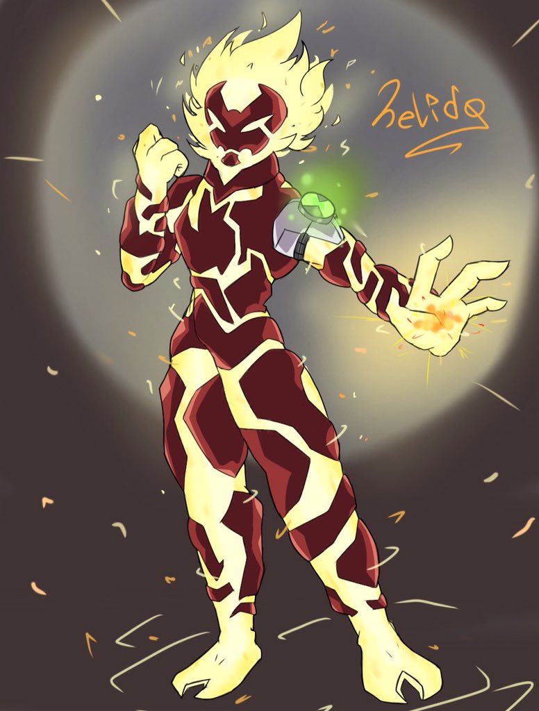 alien arm_up ben_10 elemental_(creature) fiery_hair fire fire_body fire_elemental genderswap glowing heatblast helido24 omnitrix outer_glow reaching reaching_towards_viewer self-upload signature simple_background standing thick_thighs thighs