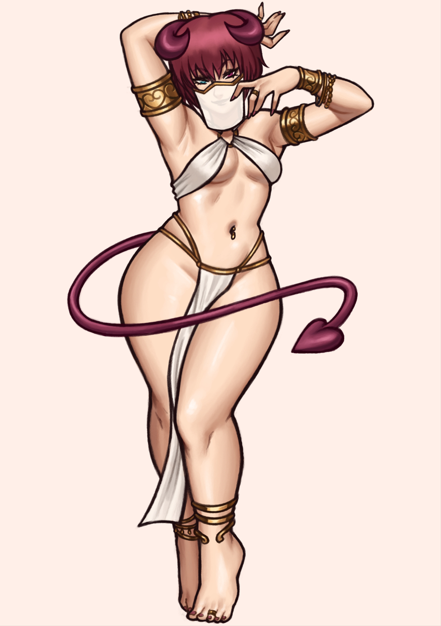 1girl ankleband bare_legs barefoot belly_dancing blue_eyes bracelet breasts cleavage colored_sclera commentary commission dancer demon_girl demon_horns demon_tail english_commentary full_body gold_bracelet harem_outfit heterochromia highres horns jewelry legs light_smile looking_at_viewer mouth_veil navel_piercing nire_(nirefuster) original pelvic_curtain piercing purple_eyes ring simple_background solo tail thighs veil white_background