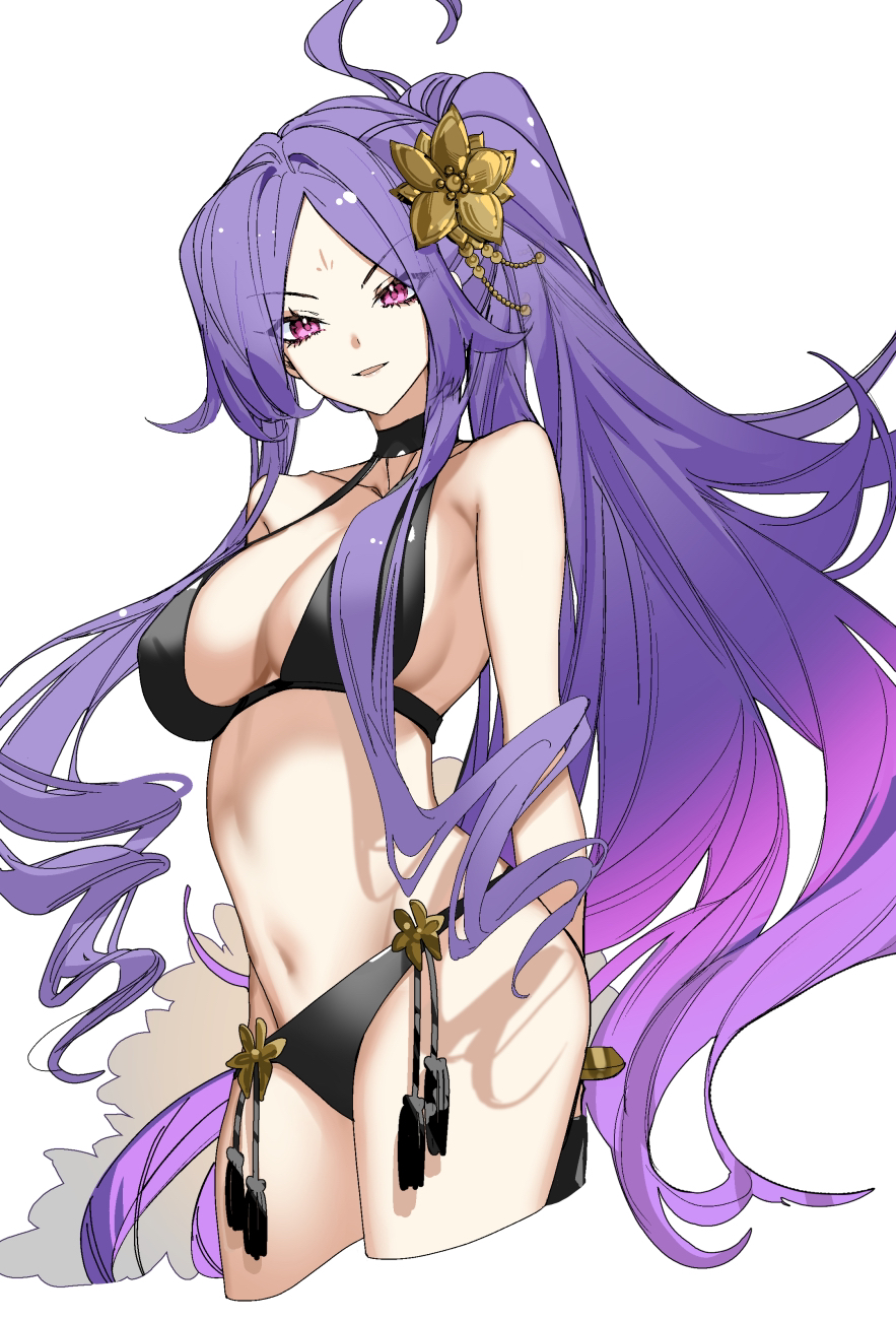 1girl ahoge arlizi bare_shoulders bikini black_bikini black_gloves breasts cleavage collarbone facial_mark fate/grand_order fate_(series) flower forehead forehead_mark gloves hair_flower hair_ornament hair_spread_out half_gloves highres large_breasts long_hair looking_at_viewer navel parted_bangs ponytail purple_eyes purple_hair sidelocks smile solo swimsuit thighs very_long_hair wu_zetian_(fate) wu_zetian_(swimsuit_caster)_(fate) wu_zetian_(swimsuit_caster)_(third_ascension)_(fate)
