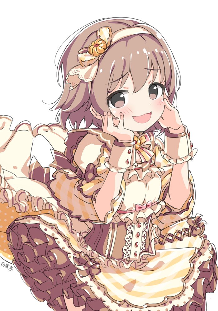 1girl bow bowtie brooch brown_eyes brown_hair dress dress_bow furrowed_brow hair_between_eyes hairband hands_on_own_cheeks hands_on_own_face idolmaster idolmaster_cinderella_girls jewelry kita_hinako kuresuku_(lessons) long_sleeves looking_at_viewer medium_hair open_mouth petticoat pink_bow pink_bowtie smile solo two-tone_bow two-tone_bowtie white_background wide_sleeves wrist_cuffs yellow_bow yellow_bowtie yellow_dress yellow_hairband yellow_wrist_cuffs