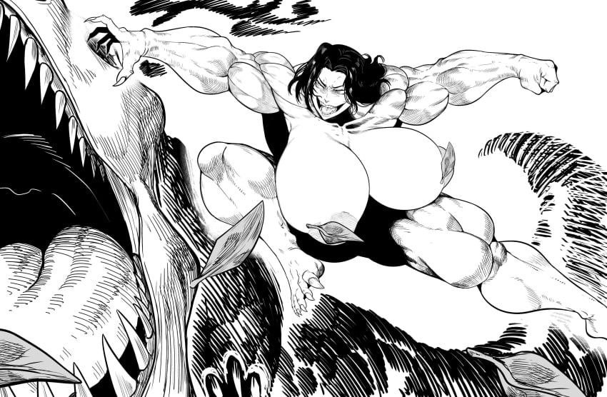 1girl black_hair breasts claws completely_nude dinosaur fighting fingernails gigantic_breasts grappler_baki leaf monochrome muscular muscular_female nipple_slip nipples nude open_mouth outdoors pickle_(grappler_baki) sharp_fingernails sharp_teeth shincoconuttsu short_hair teeth thick_thighs thighs tongue topless_female