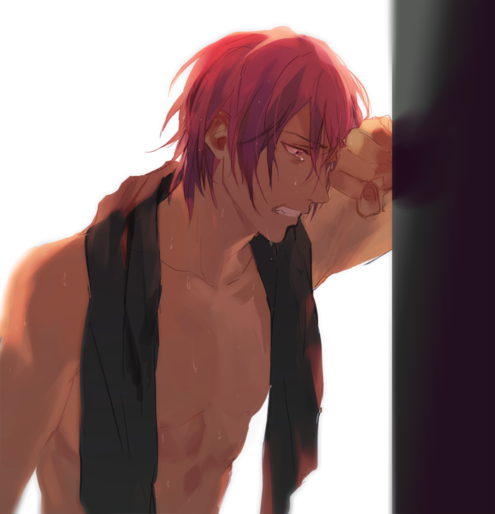 1boy abs collarbone crying crying_with_eyes_open free! male_focus matsuoka_rin okii_(oh_ki_ik) parted_lips pectorals purple_eyes purple_hair simple_background solo tears toned toned_male topless_male towel towel_around_neck upper_body wet white_background