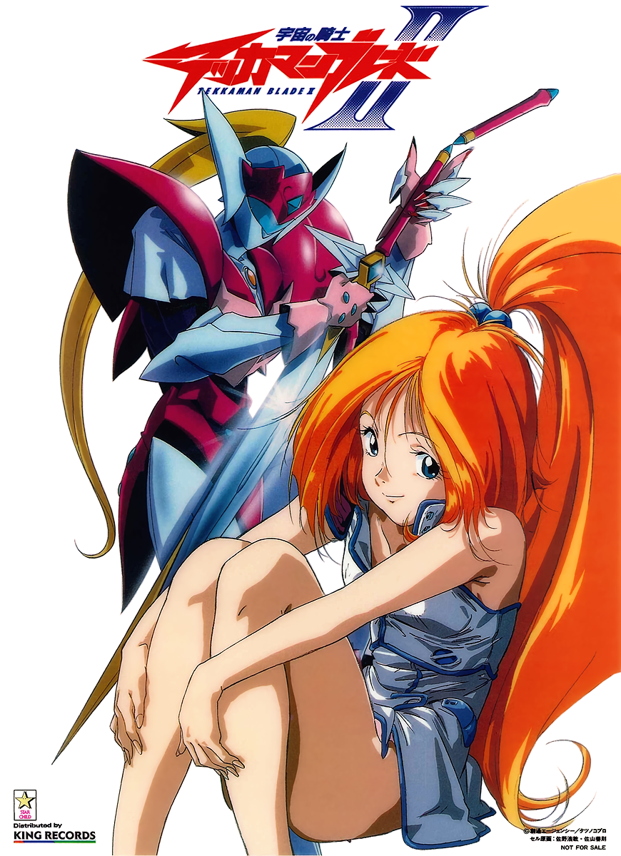 1990s_(style) 1girl bare_legs blue_eyes company_name copyright_notice hair_bobbles hair_ornament high_ponytail highres holding holding_sword holding_weapon knees_up logo long_hair looking_at_viewer mecha non-web_source not_for_sale official_art orange_hair ponytail retro_artstyle robot simple_background sitting sleeveless smile solo sword tekkaman_blade tekkaman_blade_ii very_long_hair weapon white_background yumi_francois