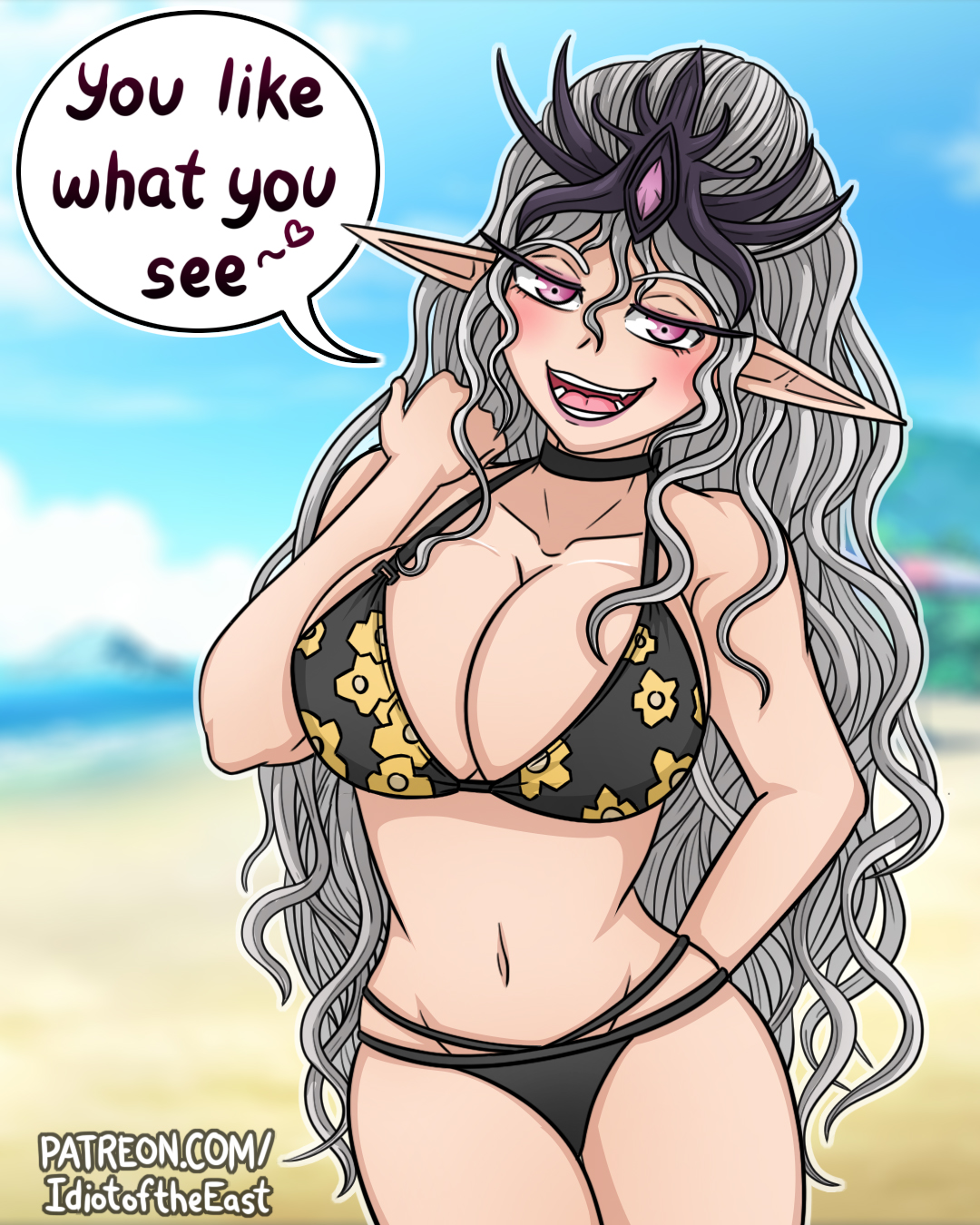 1girl arm_behind_back bikini black_bikini black_choker blurry blurry_background breasts choker cleavage collarbone commentary contrapposto cosplay english_commentary english_text female_focus floral_print grey_hair groin highres idiot_of_the_east kitagawa_marin kitagawa_marin_(cosplay) large_breasts long_hair multi-strapped_bikini_bottom navel patreon_username pink_eyes pointy_ears slaanesh solo sono_bisque_doll_wa_koi_wo_suru swimsuit very_long_hair warhammer_40k watermark wavy_hair web_address