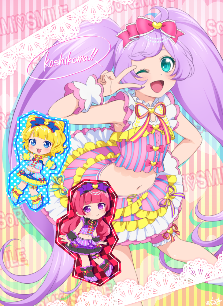 0417nao 3girls :d ahoge blonde_hair blue_eyes blunt_bangs bow cone_hair_bun crop_top double_bun dress frilled_skirt frills green_eyes hair_bow hair_bun hojo_sophy idol_clothes kashikoma! long_hair looking_at_viewer manaka_laala midriff minami_mirei multicolored_dress multiple_girls navel open_mouth pretty_series pripara purple_eyes purple_hair red_hair short_hair skirt smile standing twintails very_long_hair wrist_cuffs