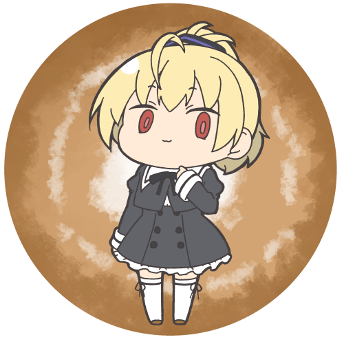 1girl ahoge andou_tazusa arm_at_side assault_lily black_ribbon black_skirt blonde_hair brown_shoes chibi closed_mouth commentary_request cropped_jacket donut finger_to_own_chin food food-themed_background full_body hair_ribbon hand_up high-waist_skirt high_ponytail leg_ribbon looking_at_viewer lowres masaki_itsuki neck_ribbon ponytail purple_ribbon red_eyes ribbon round_image school_uniform shoes short_hair skirt smile solo standing thigh_ribbon thighhighs transparent_background two-tone_ribbon white_thighhighs yurigaoka_girls_academy_school_uniform zettai_ryouiki