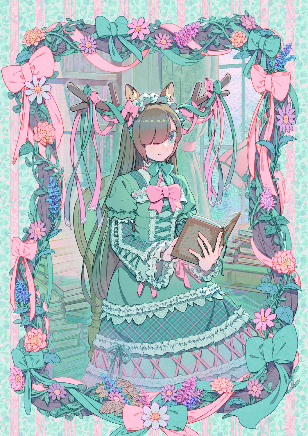 1girl animal_ear_fluff animal_ears antler_ribbon antlers asymmetrical_bangs book bow bowtie brown_hair character_request check_copyright commentary copyright_request deer_ears deer_girl dress dress_bow dress_ribbon feet_out_of_frame floral_background floral_border frilled_dress frilled_hairband frilled_sleeves frills green_background green_bow green_bowtie green_dress green_eyes green_hairband green_ribbon green_theme hair_over_one_eye hairband highres holding holding_book horns indoors layered_dress layered_sleeves long_dress long_hair long_sleeves looking_at_viewer multicolored_bow nobile1031 open_book original pile_of_books pink_background pink_bow pink_ribbon pink_theme plaid_clothes plaid_dress puffy_short_sleeves puffy_sleeves ribbon shelf short_over_long_sleeves short_sleeves sleeve_ribbon smile striped_background symbol-only_commentary vertical-striped_background very_long_hair window