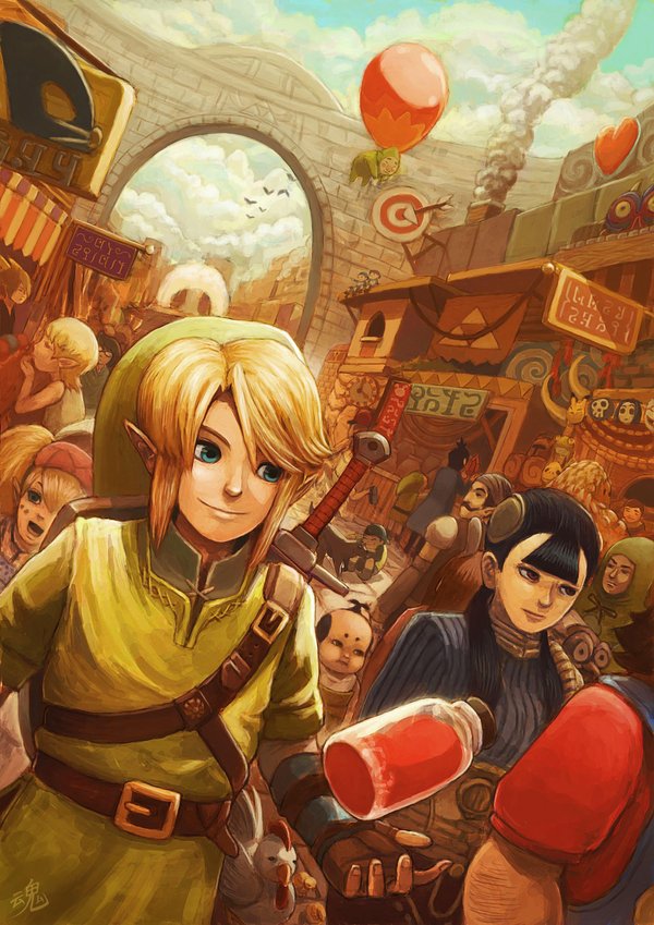 3girls 6+boys agitha arrow_(projectile) aryll ashei balloon black_hair blue_eyes bottle cheek_swirl crossover cucco facial_hair hat heart linebeck link malo mario mario_(series) market mask multiple_boys multiple_girls mustache nintendo pointy_ears purlo ry-spirit sheath sheathed smile sword target the_legend_of_zelda the_legend_of_zelda:_majora&#039;s_mask the_legend_of_zelda:_the_wind_waker the_legend_of_zelda:_twilight_princess time_paradox tingle toon_link weapon