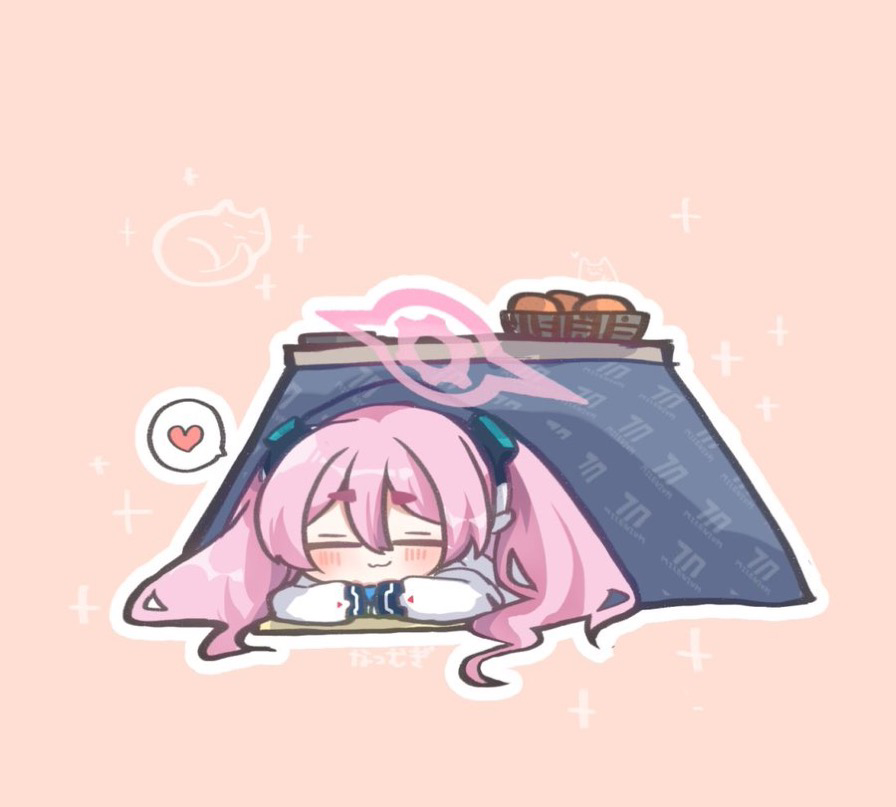1girl :3 =_= basket blue_archive blush cat closed_eyes commentary_request controller food fruit halo heart jacket kotatsu koyuki_(blue_archive) long_hair lying mandarin_orange millennium_science_school_logo natsu_ya_mugi on_stomach outline pink_background pink_hair pink_halo remote_control short_eyebrows simple_background sleeves_past_fingers sleeves_past_wrists solo sparkle_background spoken_heart table thick_eyebrows thick_outlines twintails under_kotatsu under_table white_outline
