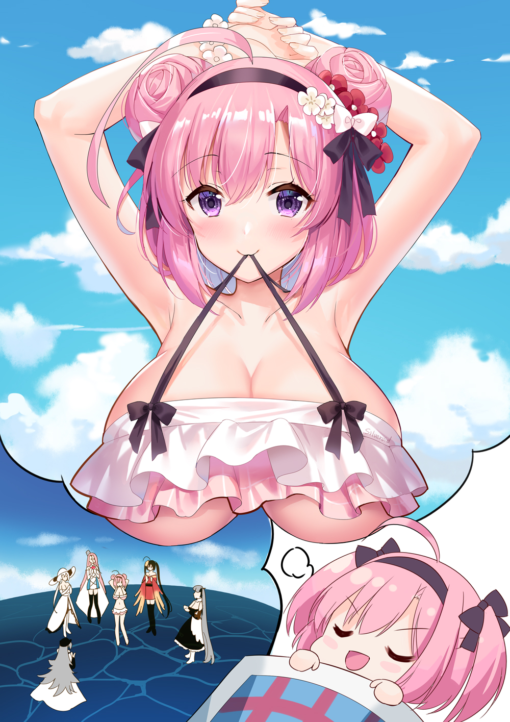 6+girls ahoge alternate_breast_size april_fools armpits arms_behind_head arms_up azur_lane bare_arms bare_shoulders bikini bow breasts cleavage collarbone double_bun dreaming flower formidable_(azur_lane) graf_zeppelin_(azur_lane) hair_bow hair_bun hair_flower hair_ornament hairband highres illustrious_(azur_lane) large_breasts lexington_(azur_lane) looking_at_viewer meme mouth_hold multiple_girls neon_genesis_evangelion omedetou!_(meme) parody pink_hair purple_eyes saratoga_(azur_lane) saratoga_(seven_seas_of_rest)_(azur_lane) scene_reference short_hair silveroid sleeping smile swimsuit taihou_(azur_lane) underboob white_bikini