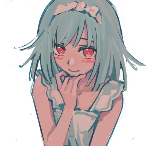1girl aqua_hair closed_mouth dress hand_up kishimen_hair long_hair looking_at_viewer lowres monogatari_(series) red_eyes sengoku_nadeko simple_background sleeveless sleeveless_dress smile solo sonnambulo777 white_background white_dress