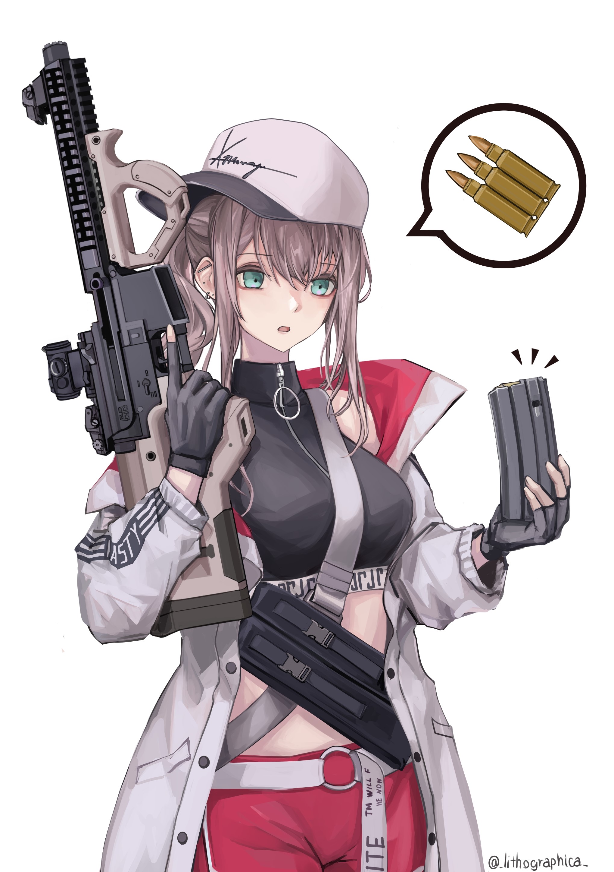 1girl 7.62x51mm_nato :o absurdres ammunition aqua_eyes ar-57 ar-57_(girls'_frontline) assault_rifle black_gloves black_tank_top carbine eye_piercing feet_out_of_frame fingerless_gloves fn_5.7x28mm fully_powered_cartridge girls'_frontline gloves grey_hair gun hair_between_eyes highres holding holding_gun holding_magazine_(weapon) holding_weapon jacket lithographica lmg_cartridge long_hair looking_down magazine_(weapon) military_cartridge open_clothes open_jacket open_mouth pdw_cartridge personal_defense_weapon pistol-caliber_carbine pistol_cartridge ponytail red_shorts rifle rifle_cartridge shorts solo standing submachine_gun supersonic_ammunition tank_top twitter_username weapon white_background white_headwear white_jacket