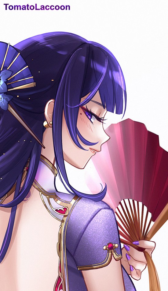 1girl alternate_costume artist_name commentary fingernails folding_fan from_behind genshin_impact hair_ornament hand_fan hashtag-only_commentary holding holding_fan long_hair looking_at_viewer looking_back mole mole_under_eye nail_polish parted_lips purple_eyes purple_hair purple_nails raiden_shogun solo tomatolaccoon very_long_hair white_background