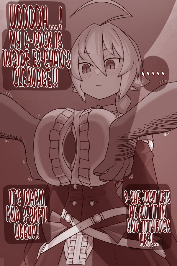 ! ... 1boy 1girl ahoge black_dress blazblue blush breasts collared_shirt detached_sleeves dress ekz_(robotekz) english_text es_(xblaze) expressionless fat fat_man grabbing_another&#039;s_breast groping hair_between_eyes height_difference hetero huge_ahoge large_breasts monochrome necktie paizuri perpendicular_paizuri ponytail shirt shortstack sidelocks speech_bubble standing_paizuri sweat underbust white_shirt xblaze