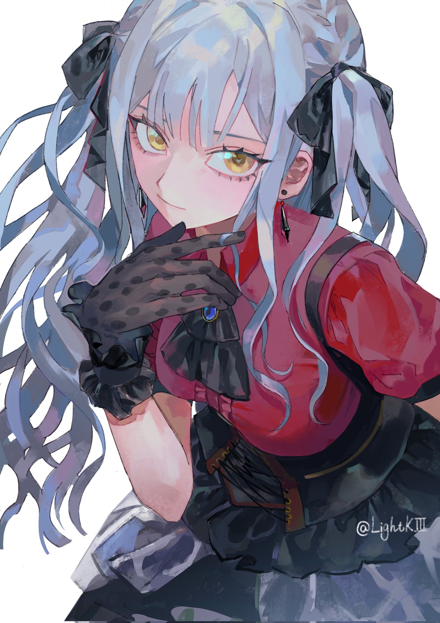 1girl ascot bang_dream! bang_dream!_it's_mygo!!!!! black_ascot black_corset black_gloves black_ribbon blue_brooch blue_hair center-flap_bangs closed_mouth collared_shirt corrupted_twitter_file corset cross-laced_clothes cross-laced_corset earrings frilled_skirt frilled_wrist_cuffs frills gloves hair_ribbon hand_up hashtag-only_commentary highres jewelry kinayone layered_skirt long_sidelocks looking_at_viewer oblivionis_(bang_dream!) playing_with_own_hair red_shirt ribbon shirt short_sleeves shoulder_strap sidelocks simple_background skirt solo three_quarter_view togawa_sakiko twirling_hair twitter_username two_side_up white_background wrist_cuffs yellow_eyes