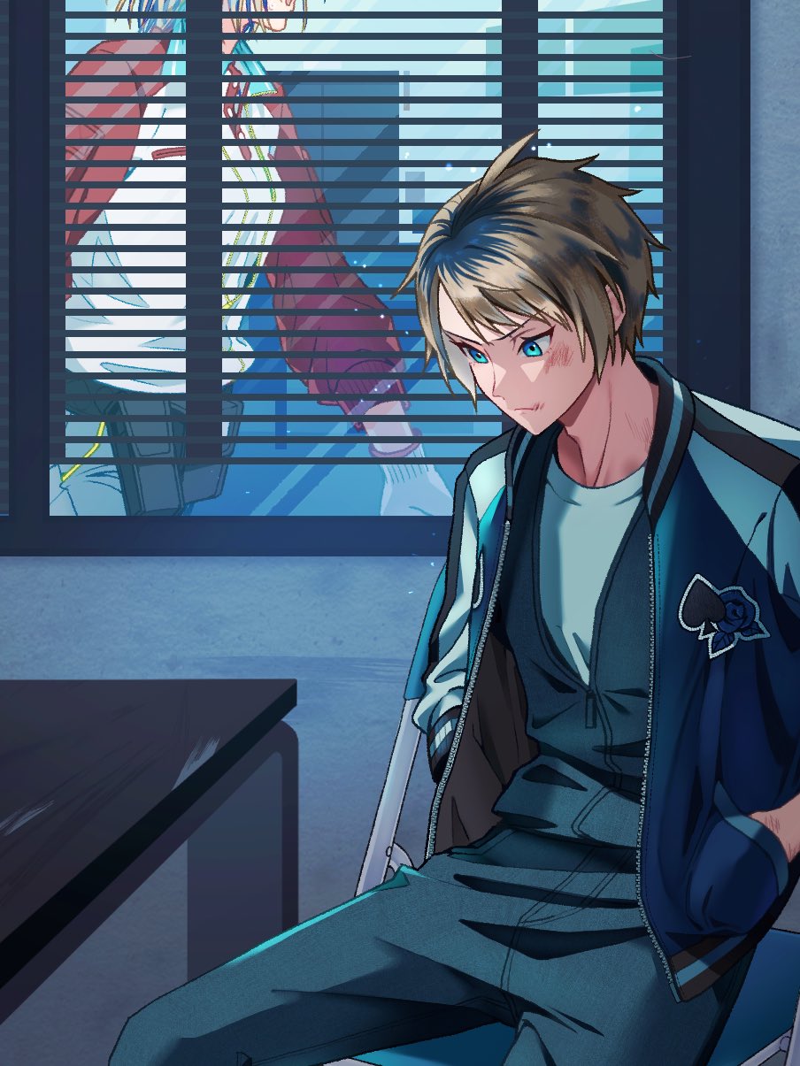 1boy 1girl awa_reley background_request belt belt_pouch bleached_hair blonde_hair blue_hair bruise chair commentary_request cowboy_shot delinquent desk deuce_spade dylla_spade employee_uniform flower folding_chair furrowed_brow hands_in_pockets head_down highres injury jacket jumpsuit light_frown looking_down male_focus mother_and_son multicolored_hair open_clothes open_jacket parted_bangs partially_unzipped patch pouch roots_(hair) rose scratches shirt short_hair sitting slouching solo_focus spade_(shape) streaked_hair sukajan twisted_wonderland utility_belt v-shaped_eyebrows walking white_shirt window_blinds work_gloves