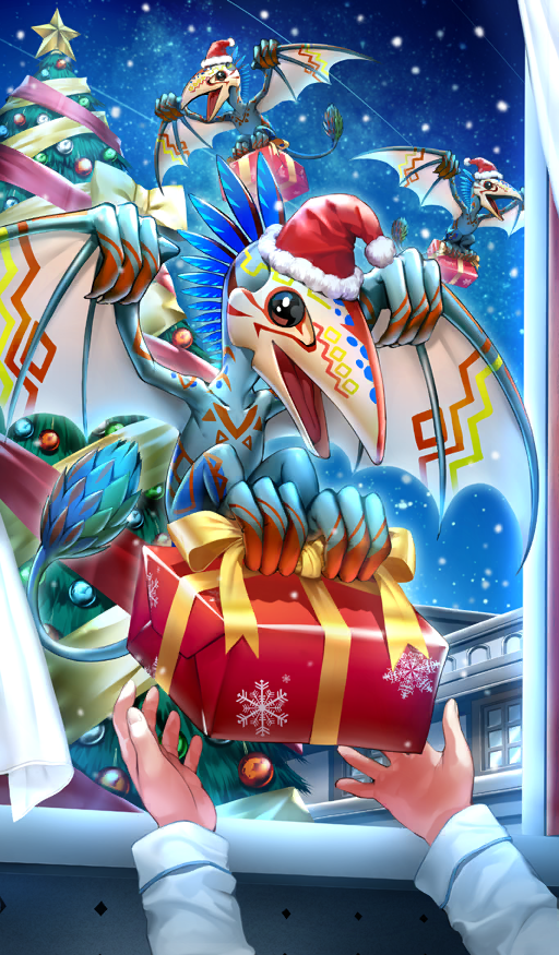 1other ambiguous_gender animal animal_focus architecture building christmas christmas_tree commentary fate/grand_order fate_(series) flying from_inside gift hat holding holding_gift holding_with_feet night night_sky official_art open_mouth pterosaur ribbon santa_hat sky snowflake_print snowing star_(sky) tail tatsuyo third-party_source window yellow_ribbon