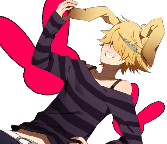1boy animal_ears bad_id bad_pixiv_id belphegor_(reborn) belt blonde_hair blouse commentary_request ears_down fuyu_(tcyakn) groin hair_over_eyes hand_on_own_ear hand_on_own_hip katekyo_hitman_reborn! long_bangs male_focus off_shoulder purple_shirt rabbit_background rabbit_ears shirt simple_background smile solo striped_clothes striped_shirt tiara white_background