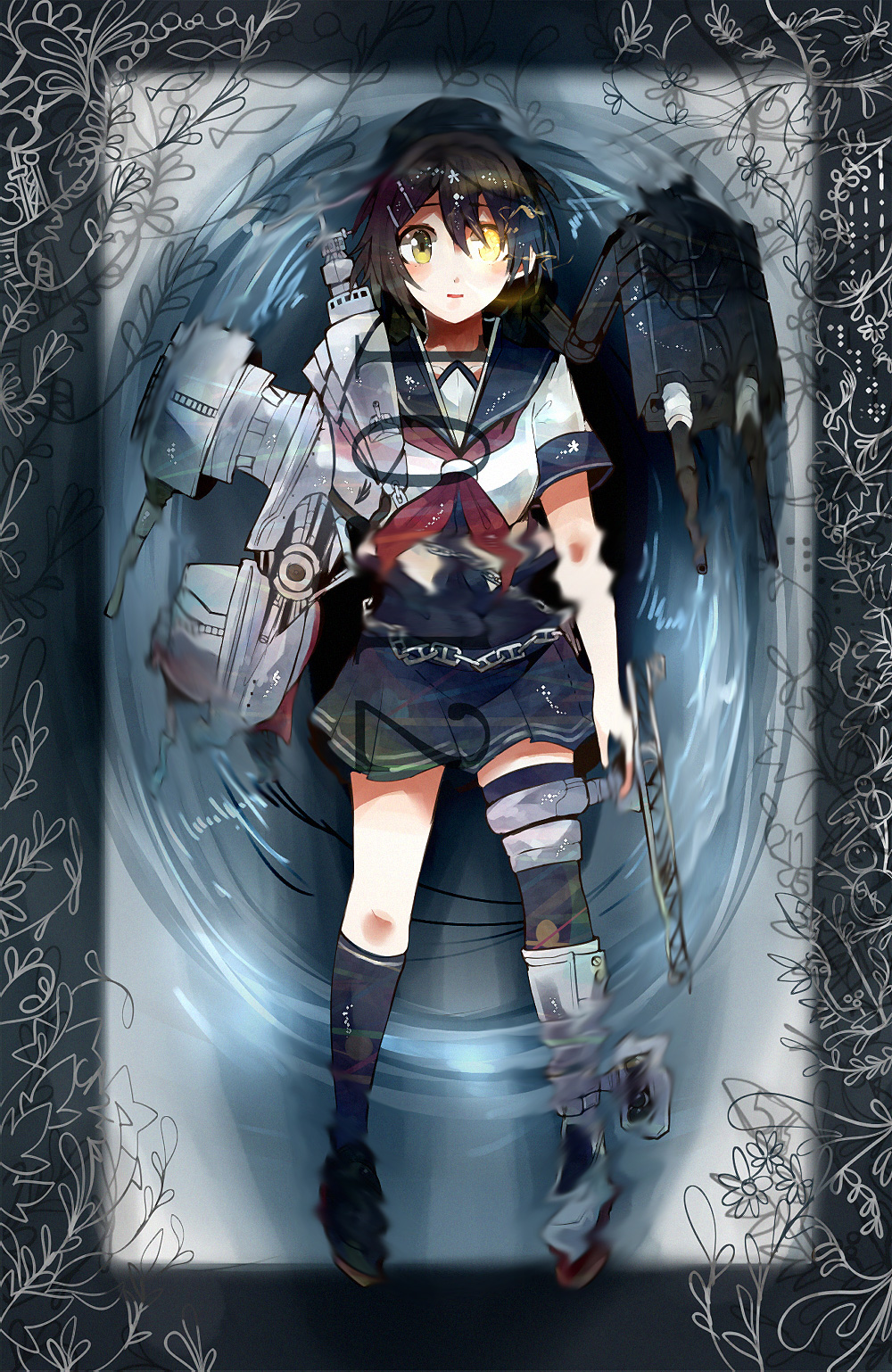 1girl afloat black_thighhighs blouse bodysuit brown_hair cannon elbow_gloves furutaka_(kancolle) furutaka_kai_ni_(kancolle) gloves glowing glowing_eye hair_ornament hairclip highres itomugi-kun kantai_collection neckerchief open_mouth ripples school_uniform serafuku ship_turret shirt short_hair single_elbow_glove single_glove single_thighhigh skirt solo thighhighs torpedo water yellow_eyes