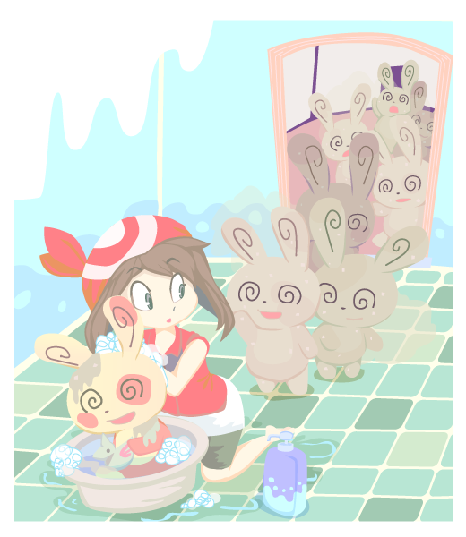 180banyasuri 1girl bandana black_shorts brown_hair bubble creatures_(company) dirty dust game_freak gen_2_pokemon gen_3_pokemon jacket kneeling looking_back may_(pokemon) nintendo open_mouth pokemon pokemon_(creature) pokemon_rse red_bandana red_jacket shampoo_bottle shorts skarmory spinda tile_floor tiles