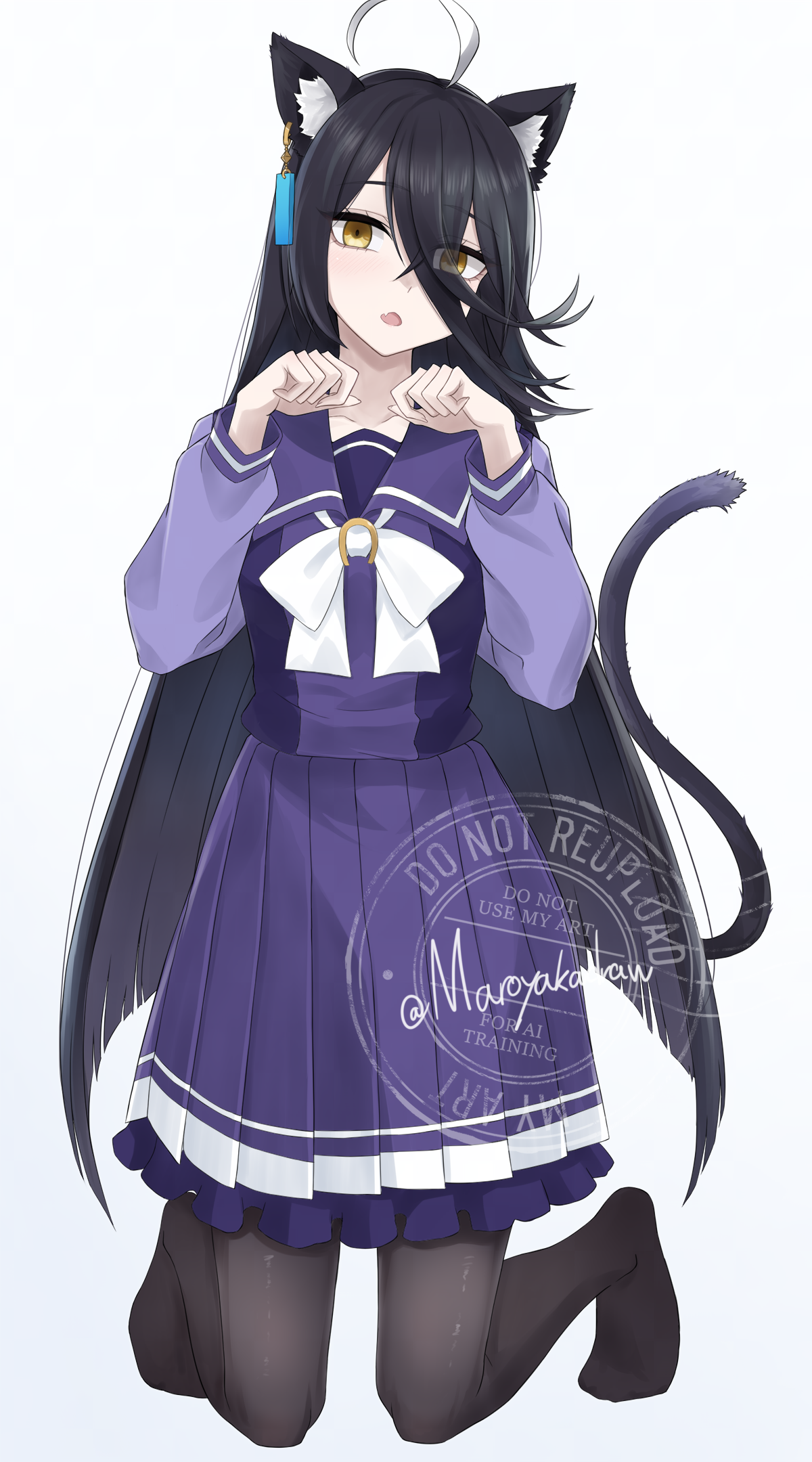 1girl ahoge alternate_animal_ears alternate_tail animal_ears black_hair black_pantyhose bow cat cat_ears commentary_request feet hair_between_eyes highres ibuki_grunt kneeling long_hair looking_at_viewer manhattan_cafe_(umamusume) multicolored_hair no_shoes open_mouth pantyhose paw_pose pleated_skirt purple_serafuku purple_shirt purple_skirt sailor_collar school_uniform serafuku shirt simple_background skirt solo streaked_hair tail tracen_school_uniform twitter_username umamusume watermark white_background white_bow white_hair winter_uniform yellow_eyes