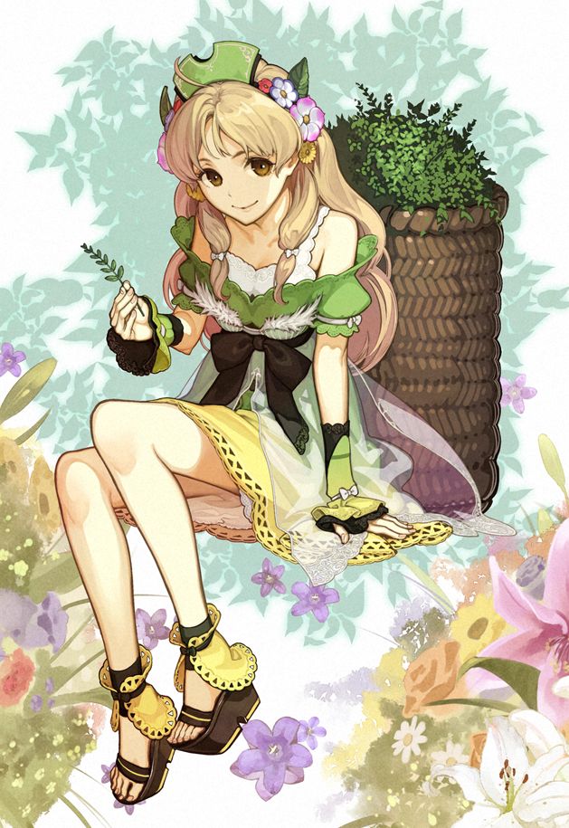 1girl ahoge atelier_(series) atelier_ayesha atelier_questboard ayesha_altugle bare_shoulders basket blonde_hair bow brown_eyes brown_sandals closed_mouth commentary_request dress floral_background flower full_body green_dress hair_flower hair_ornament holding_grass invisible_chair leaf long_hair looking_at_viewer off-shoulder_dress off_shoulder official_art purple_flower sandals second-party_source short_sleeves sitting smile solo waist_bow wrist_cuffs