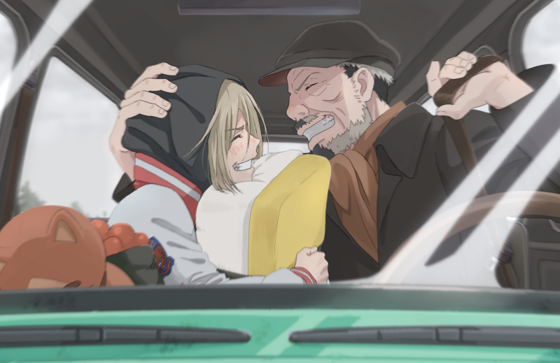 2boys ^_^ beard black_hair blonde_hair blush cacao_(umri) car_interior closed_eyes coat closed_eyes facial_hair grandfather_and_grandson grey_hair grin hand_on_another&#039;s_head hat hood hood_up hoodie male_focus multicolored_hair multiple_boys mustache nikolai_plisetsky old old_man scarf smile stuffed_animal stuffed_cat stuffed_toy two-tone_hair yuri!!!_on_ice yuri_plisetsky