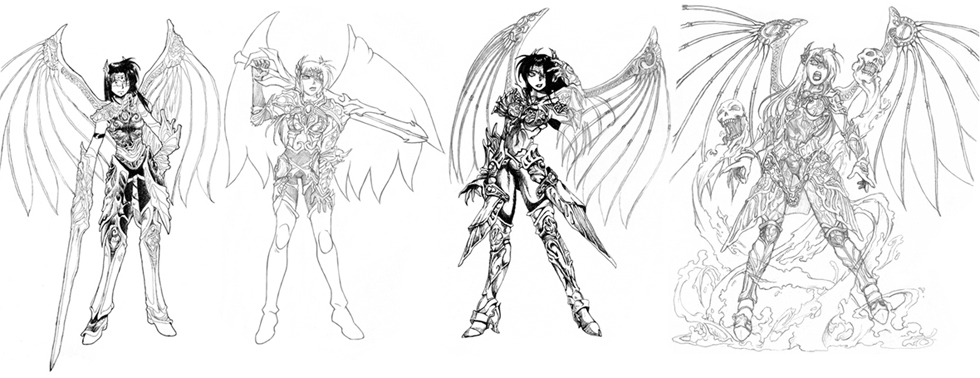 1girl armor aura bone breasts claws comparison evolution eyepatch female_focus ghost gloves greyscale groin headgear lipstick long_hair makeup marci_miller monochrome open_mouth original purple_hair rose_(dragoon) signature skull solo soul spandex teeth the_legend_of_dragoon tongue watermark wings